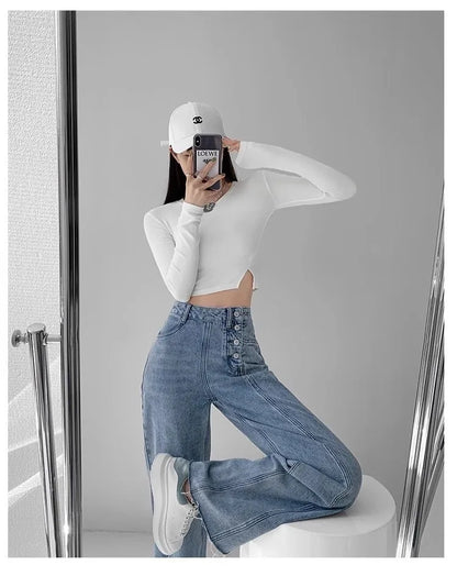 High-waisted Loose-fit Straight-leg Wide-leg Denim Pants