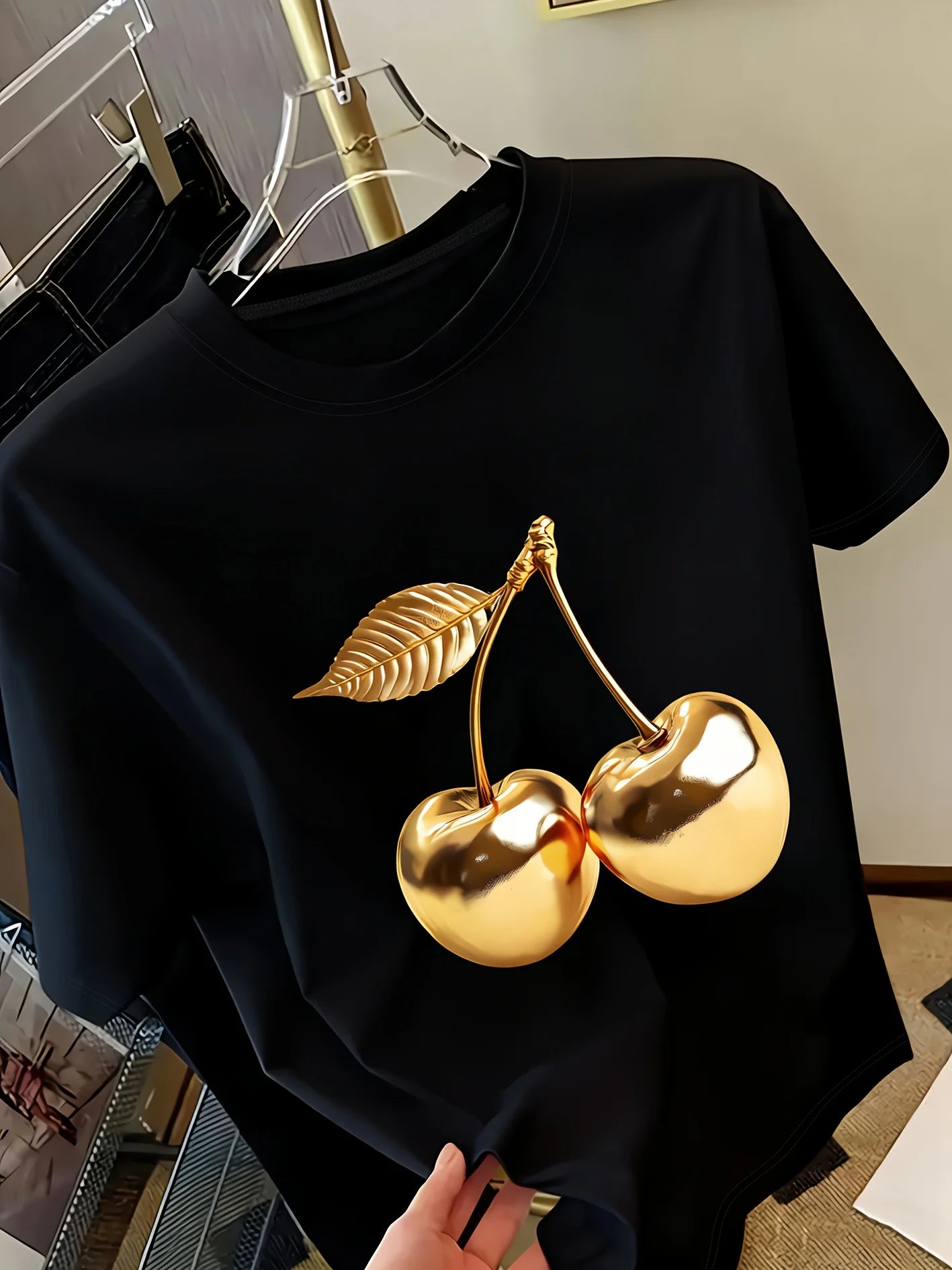 Golden Cherry Print Short Sleeve Casual T-Shirt