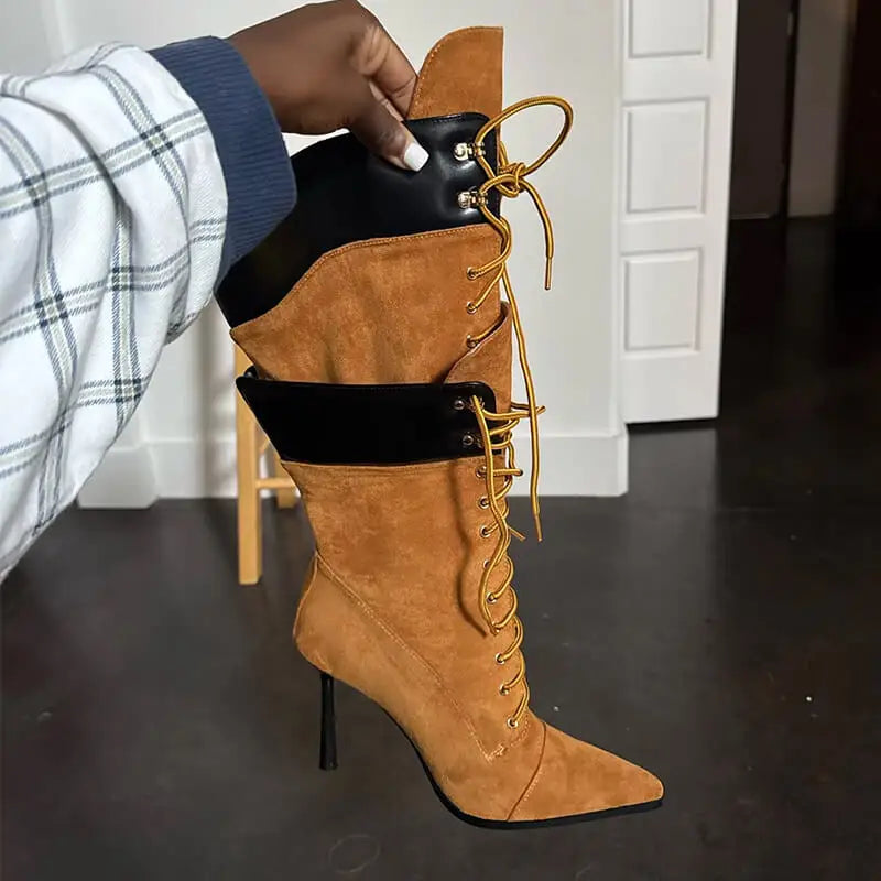 Premium Pointed Toe Lace-Up Stiletto Mid-Calf Boots