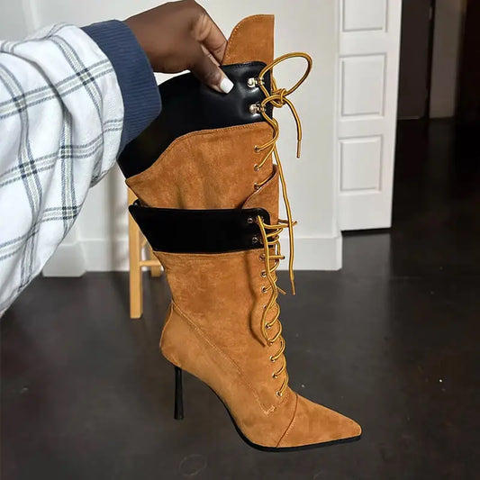 Premium Pointed Toe Lace-Up Stiletto Mid-Calf Boots