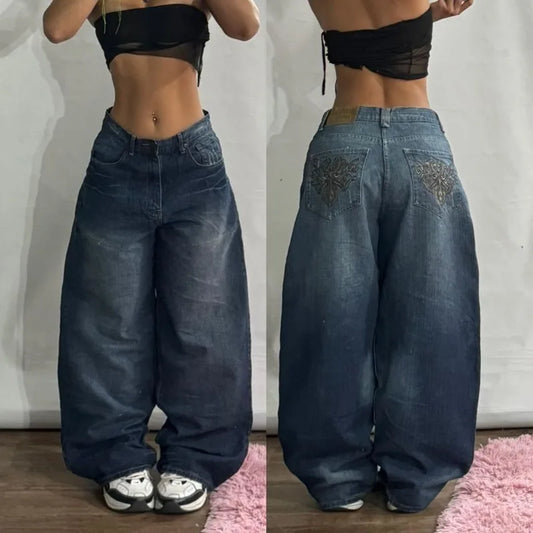 Relaxed Fit Wide Leg Denim Pants with Geometric Embroidery