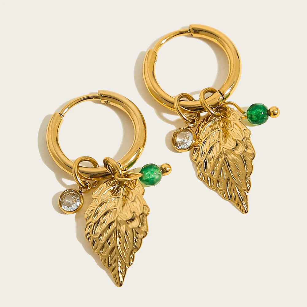18K Gold Plated Stainless Steel Hoop Earrings with Natural Green Stone