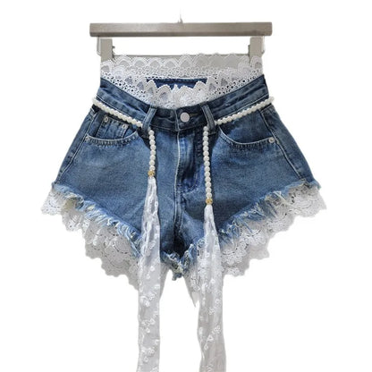 Raw Hem Denim Shorts with Crochet Lace Trim & Pearl Belt