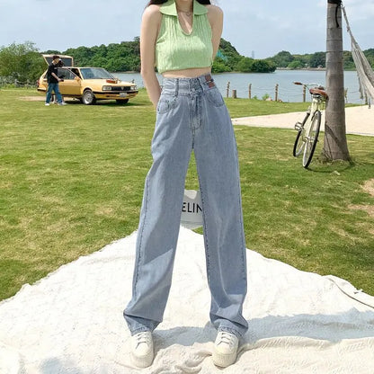 High-Waist Wide Leg Jeans with Contrast Panel Detail