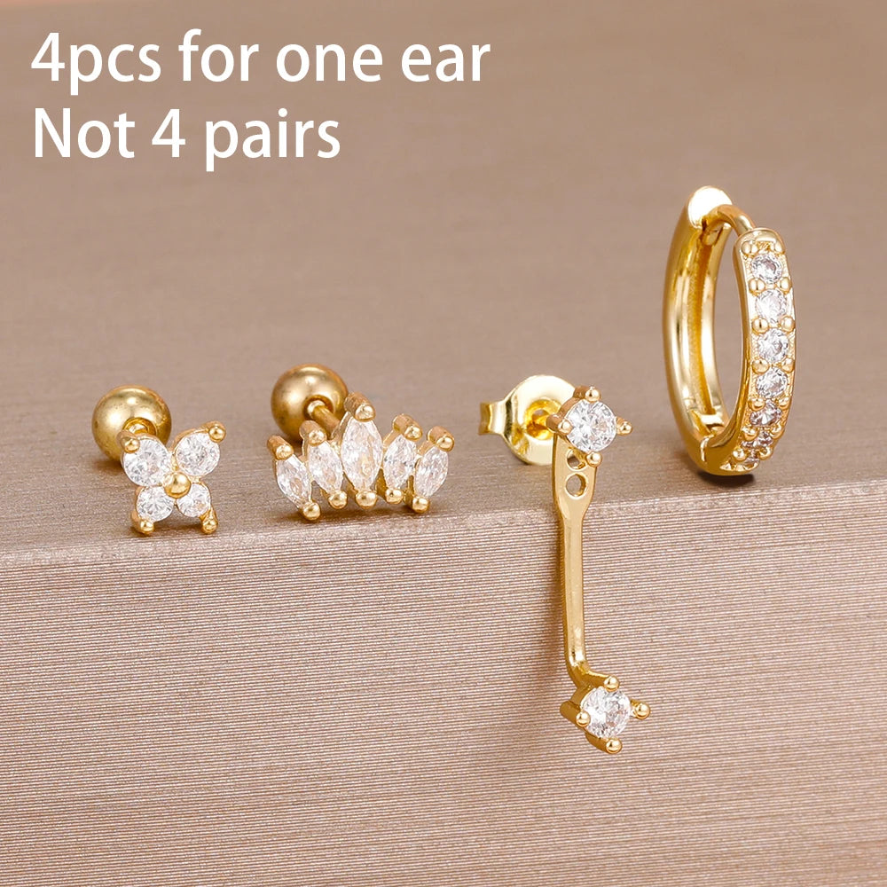 4-Piece Stainless Steel Zircon Huggie Hoop Earrings Set for Women