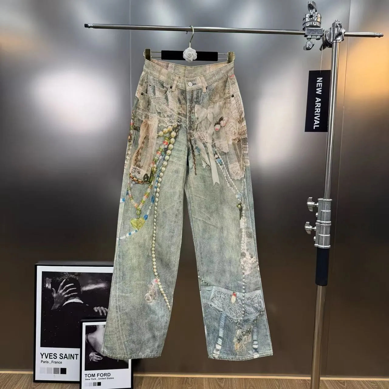 Premium High-Waist Straight Leg Jeans with Lace, Pearl & Chain Detail
