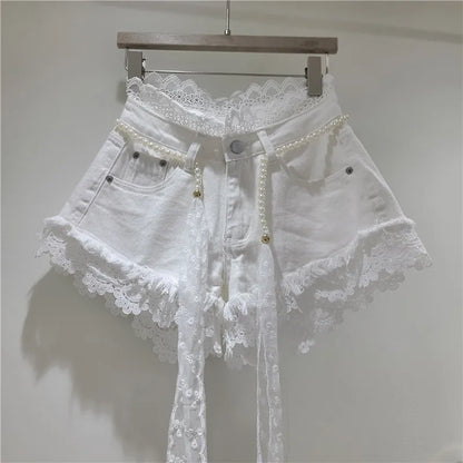 Raw Hem Denim Shorts with Crochet Lace Trim & Pearl Belt