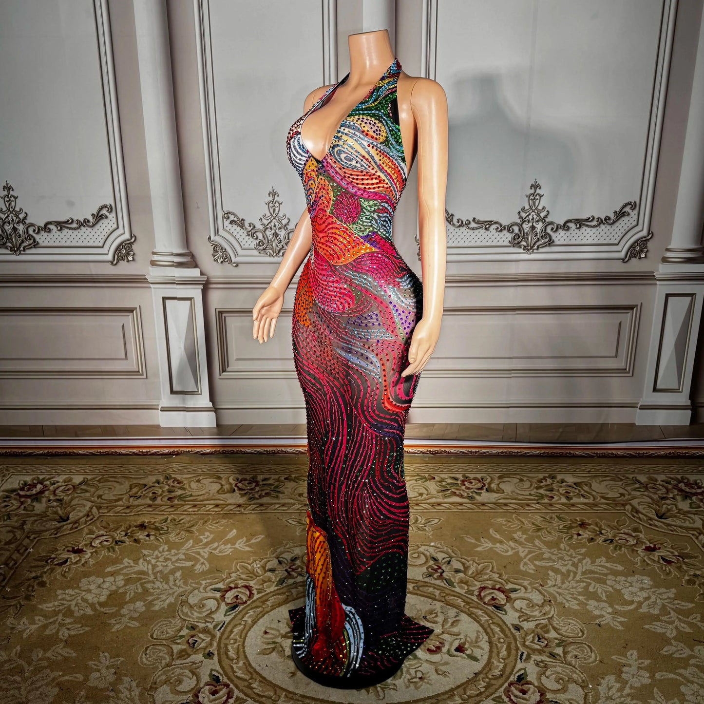 Plus Size Sheer Mesh Party Dress with Low Back & Rhinestone Detail