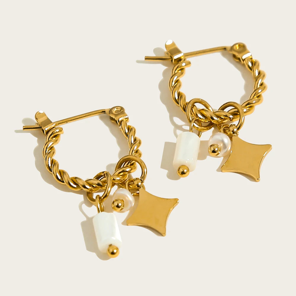 18K Gold Plated Stainless Steel Hoop Earrings with Natural Green Stone
