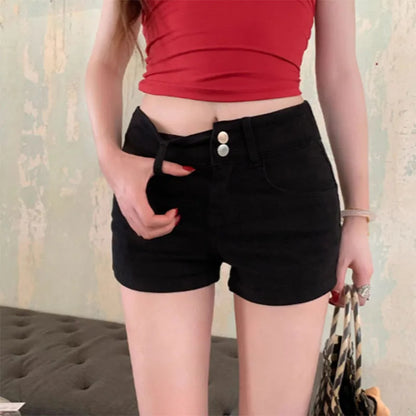 Low Rise Slim Fit Denim Shorts with Double Button Closure