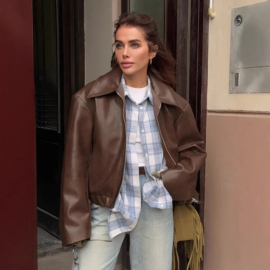 Faux Leather Lapel Zipper Jacket