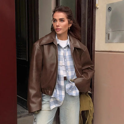 Faux Leather Lapel Zipper Jacket
