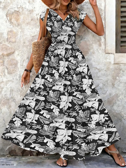 Vintage Floral Print V-Neck Short Sleeve Maxi Dress