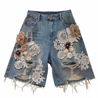 Lace Patchwork Wide Leg Denim Shorts