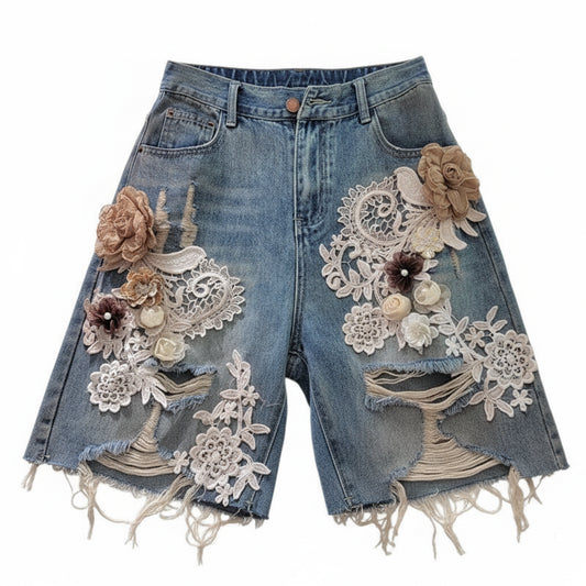 Lace Patchwork Wide Leg Denim Shorts