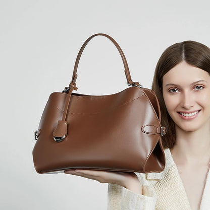 BURMINSA Large Genuine Leather Work Shoulder Bag Women Vintage Brown Cowhide Tote Bag Daily Office Commuter Crossbody Handbags