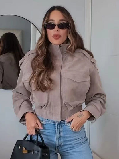 Faux Suede Short Zip-Up Jacket