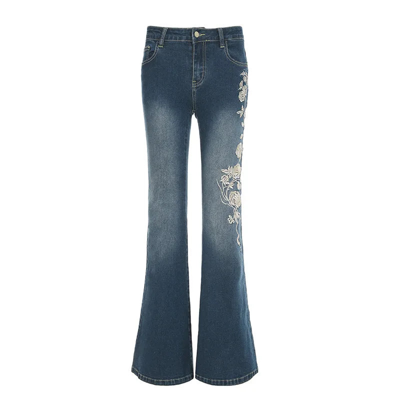 Low-Rise Flared Denim Jeans with Embroidered Distressed Wash