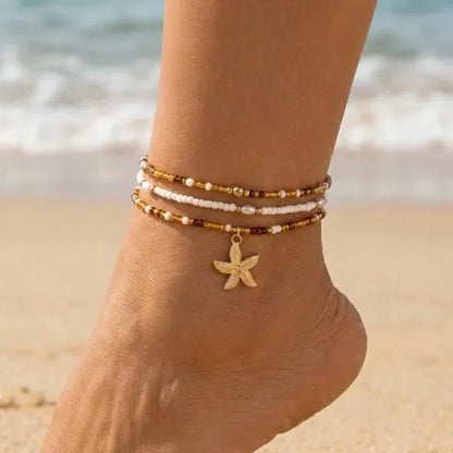 Bohemian Multi-Layer Beaded Anklet Set with Starfish Charm for Women