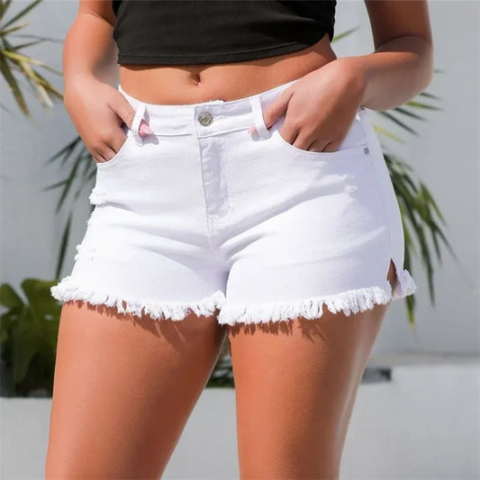 Vintage High Waist Distressed Denim Shorts with Split Tassel Hem & Cutout Detail