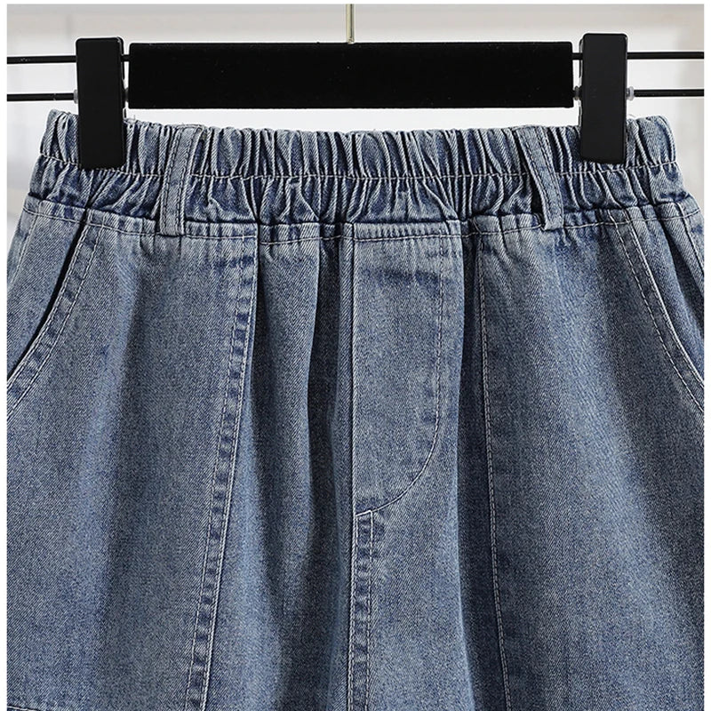 High Waist Plus Size Loose Fit Wide Leg Stretch Denim Shorts