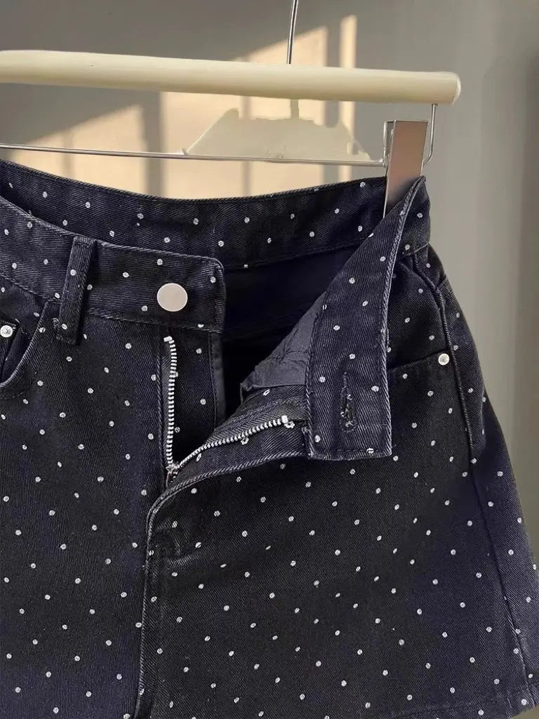 High Waist Polka Dot A-Line Denim Shorts