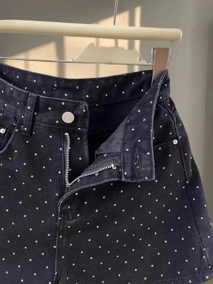 High Waist Polka Dot A-Line Denim Shorts