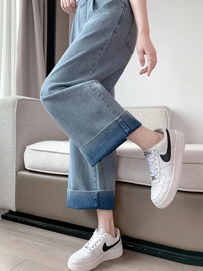 Classic Wide Leg Denim Pants with High-Rise Comfortable Fit
