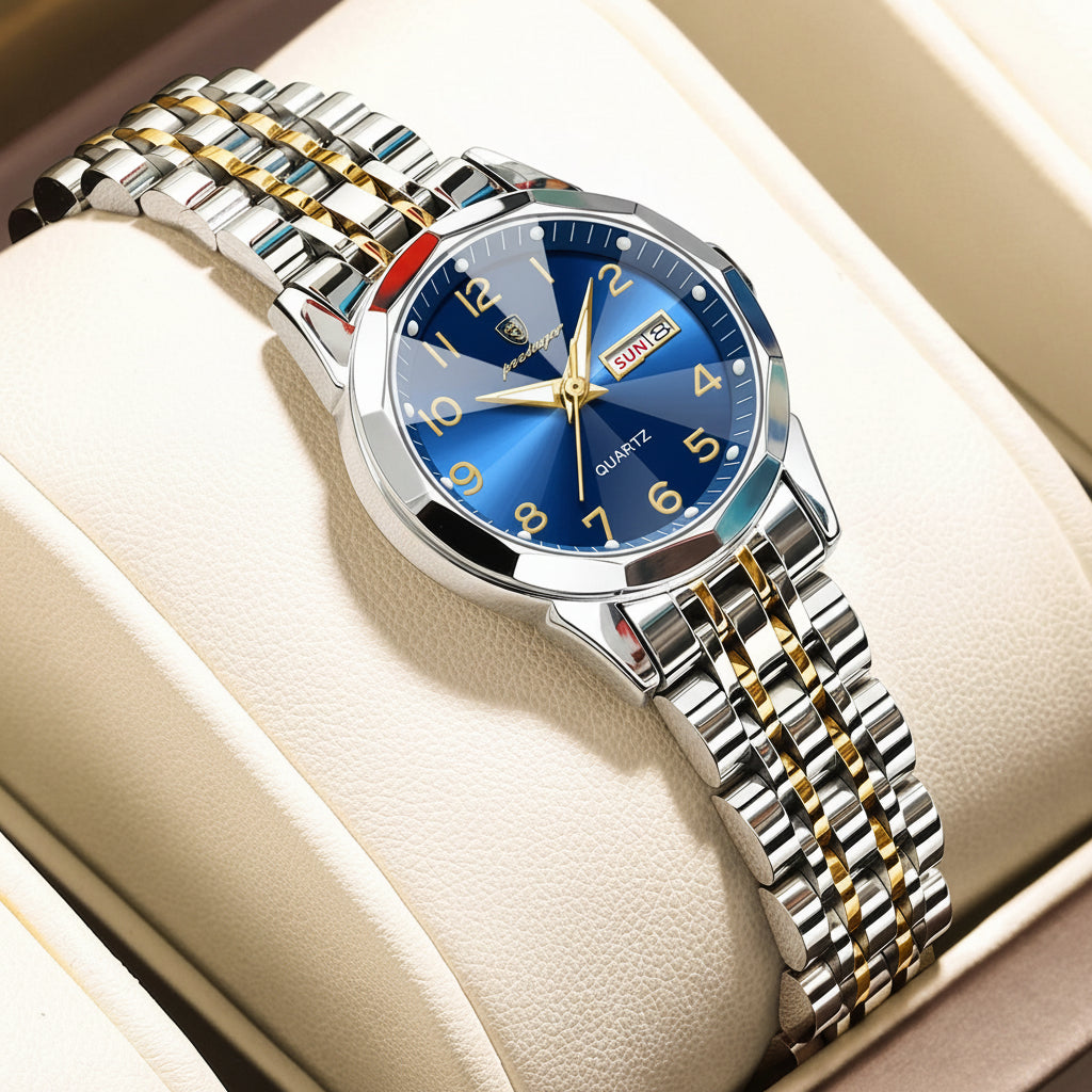 Luxury Stainless Steel Quartz Wrist Watch with Luminous Week & Date Display
