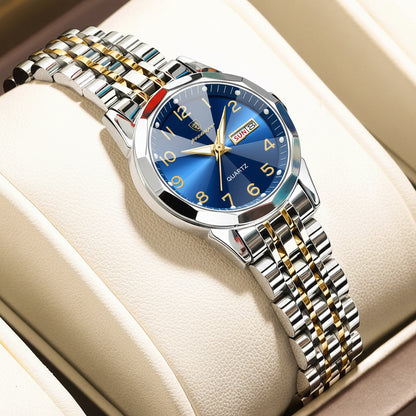 Luxury Stainless Steel Quartz Wrist Watch with Luminous Week & Date Display