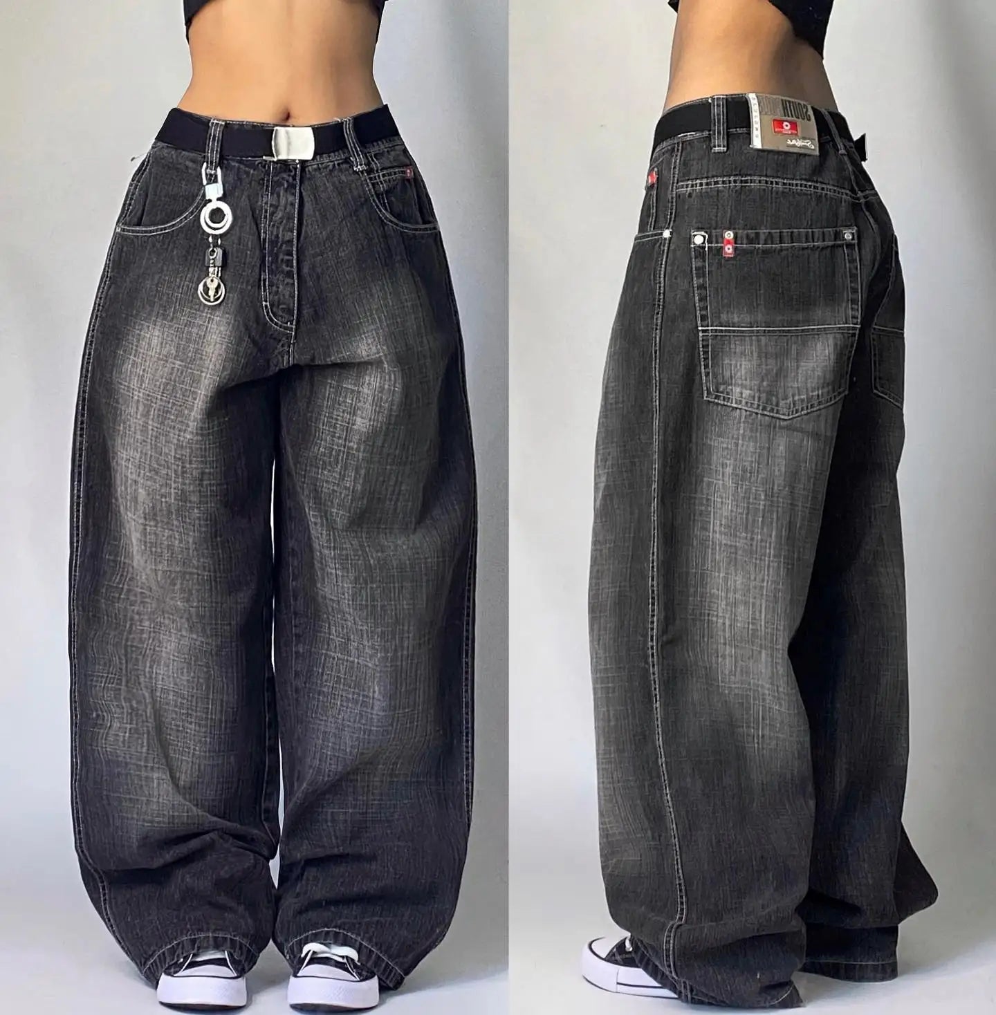 Relaxed Fit Wide Leg Denim Pants with Geometric Embroidery