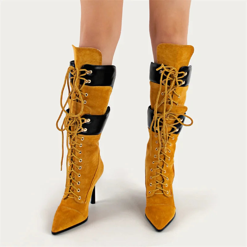 Premium Pointed Toe Lace-Up Stiletto Mid-Calf Boots
