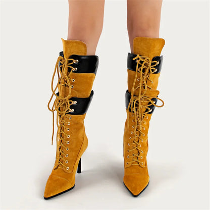 Premium Pointed Toe Lace-Up Stiletto Mid-Calf Boots