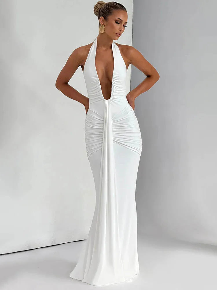 Deep V-Neck Halter Sleeveless Backless Ruched Maxi Dress