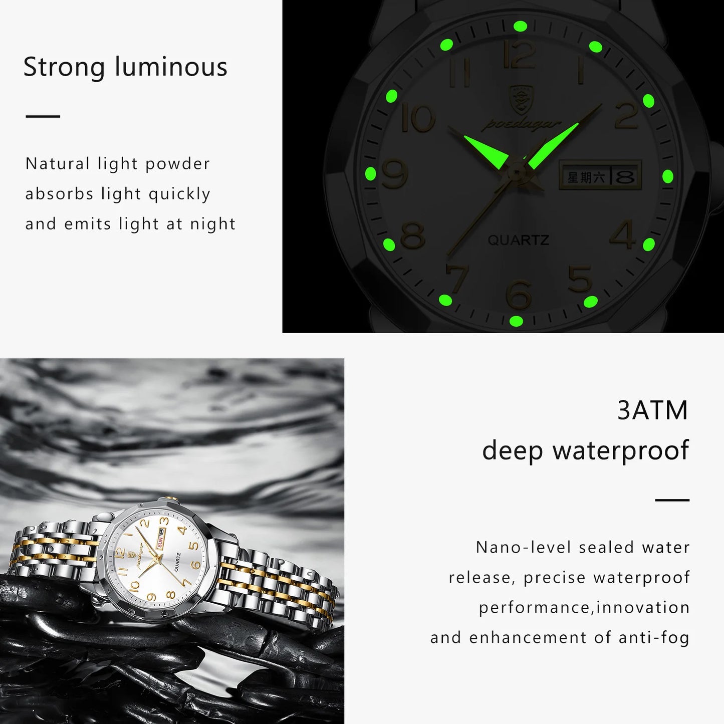 Luxury Stainless Steel Quartz Wrist Watch with Luminous Week & Date Display