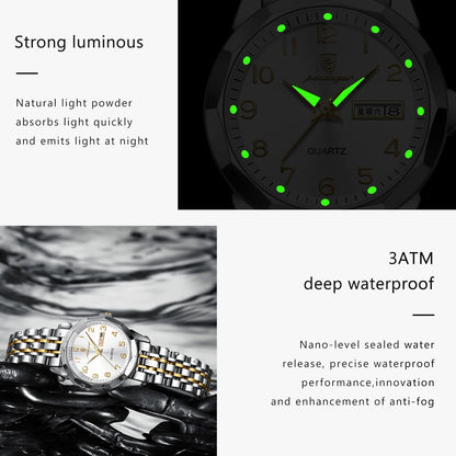 Luxury Stainless Steel Quartz Wrist Watch with Luminous Week & Date Display