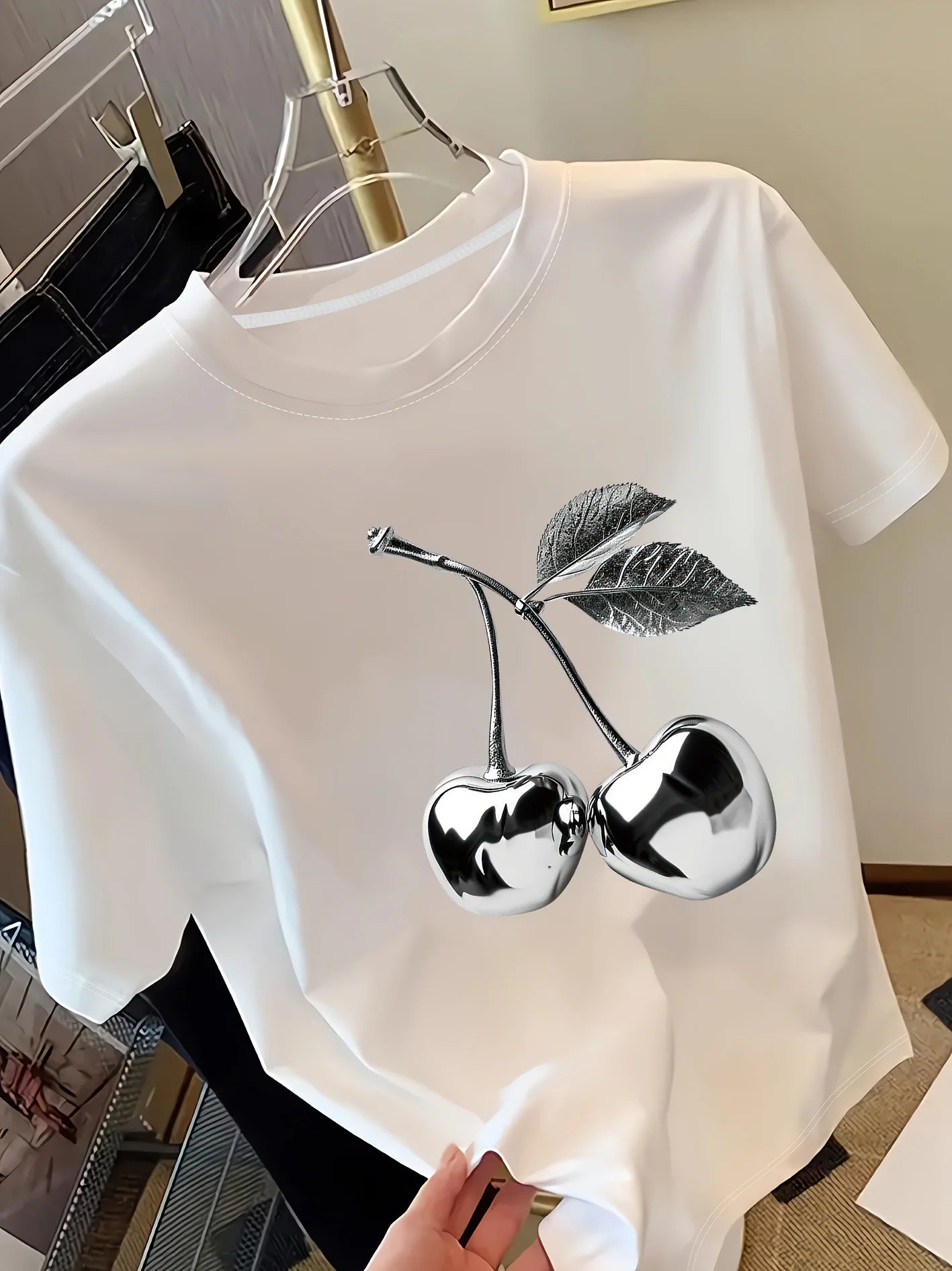 Golden Cherry Print Short Sleeve Casual T-Shirt