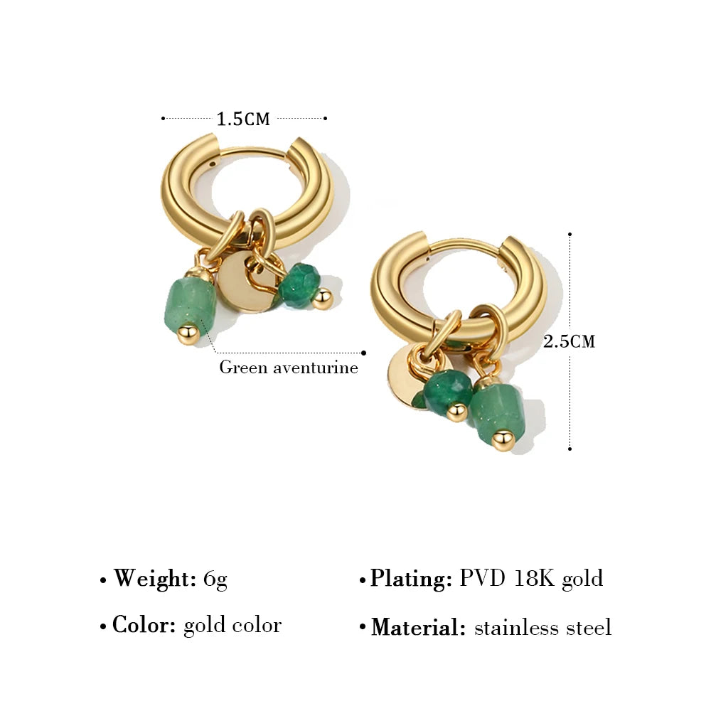 18K Gold Plated Stainless Steel Hoop Earrings with Natural Green Stone