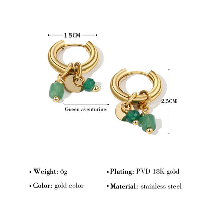 18K Gold Plated Stainless Steel Hoop Earrings with Natural Green Stone