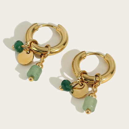 18K Gold Plated Stainless Steel Hoop Earrings with Natural Green Stone