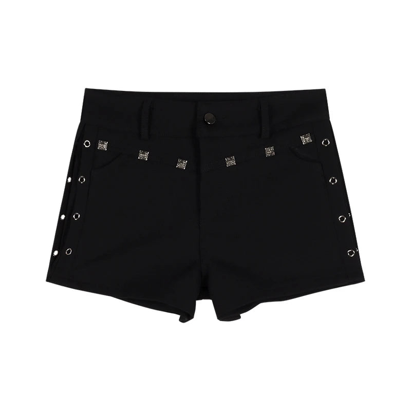 High Waist Black Denim Shorts with Metal Rivet Detail