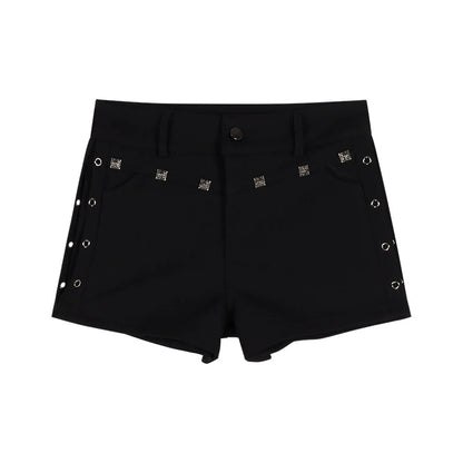 High Waist Black Denim Shorts with Metal Rivet Detail