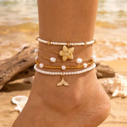 Bohemian Multi-Layer Beaded Anklet Set with Starfish Charm for Women