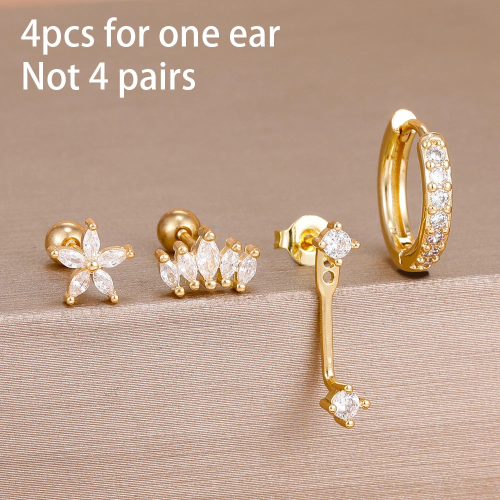 4-Piece Stainless Steel Zircon Huggie Hoop Earrings Set for Women