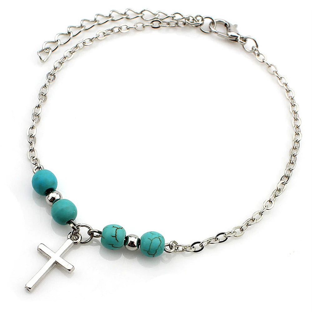 Bohemian Turquoise Starfish Beaded Anklet with Adjustable Chain