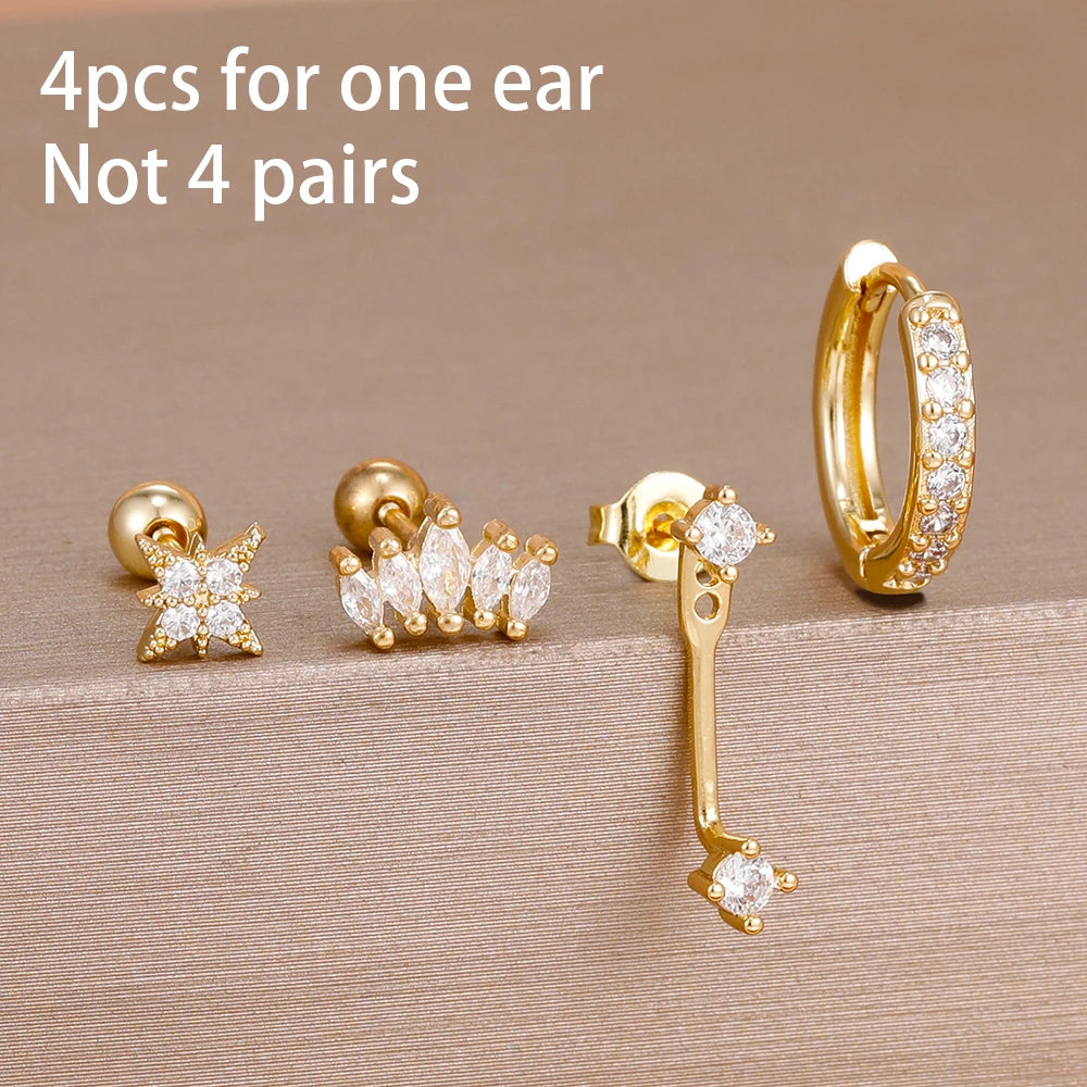 4-Piece Stainless Steel Zircon Huggie Hoop Earrings Set for Women