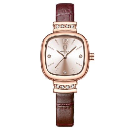 Luxury Square Leather Quartz Wrist Watch with Crystal Accents