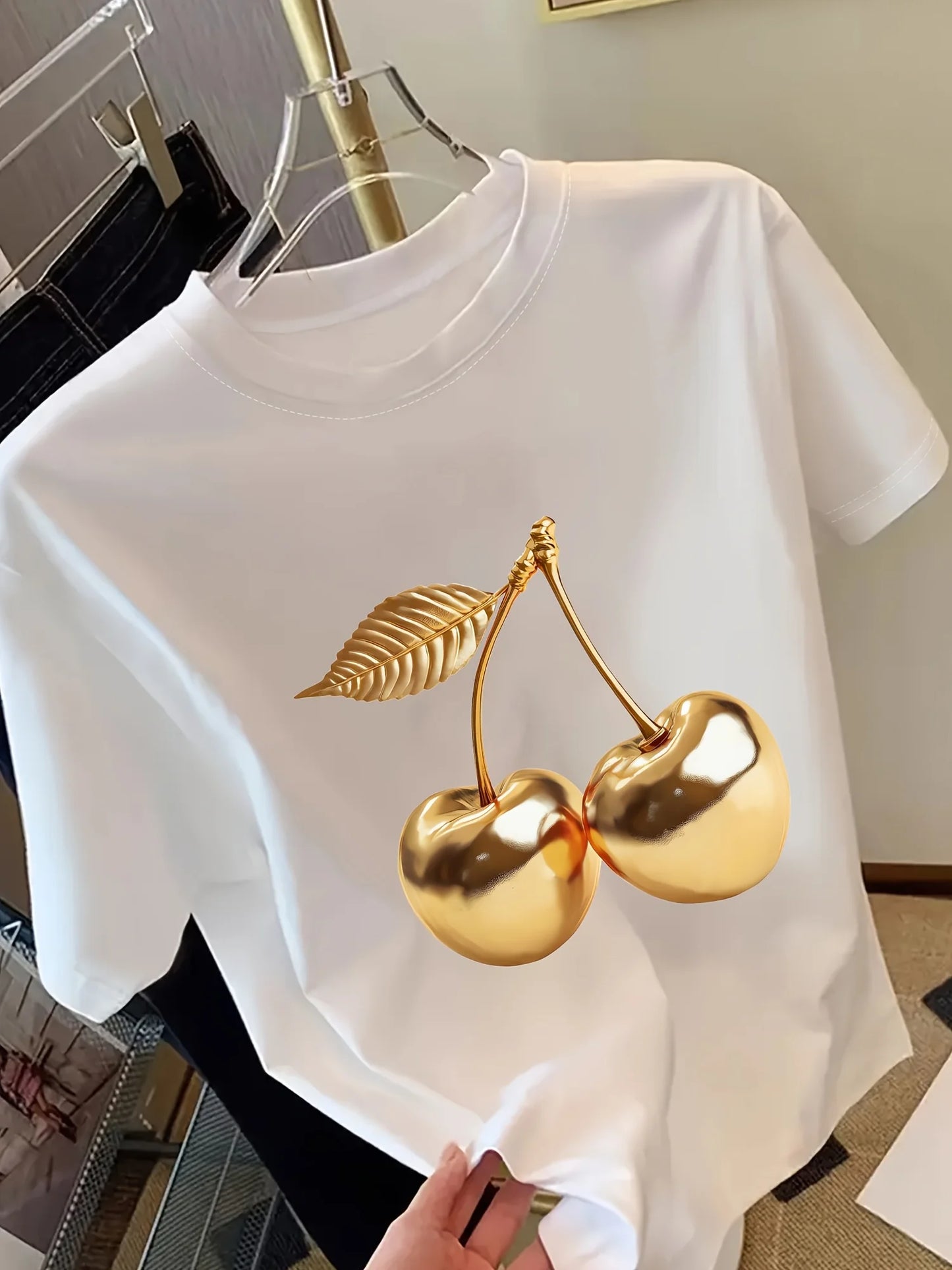 Golden Cherry Print Short Sleeve Casual T-Shirt