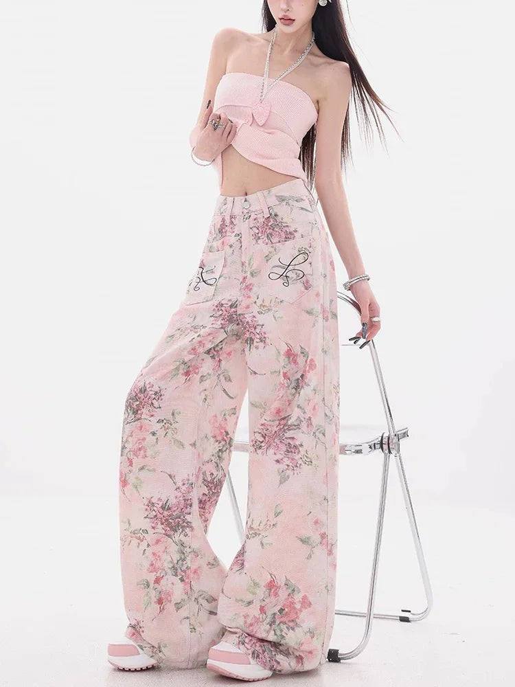 Embroidered Wide-Leg Denim Jeans with Printed Design