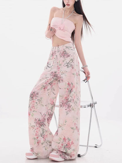 Embroidered Wide-Leg Denim Jeans with Printed Design